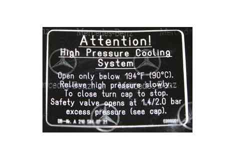 Mercedes G-Class "High Pressure Coolant System" sticker.